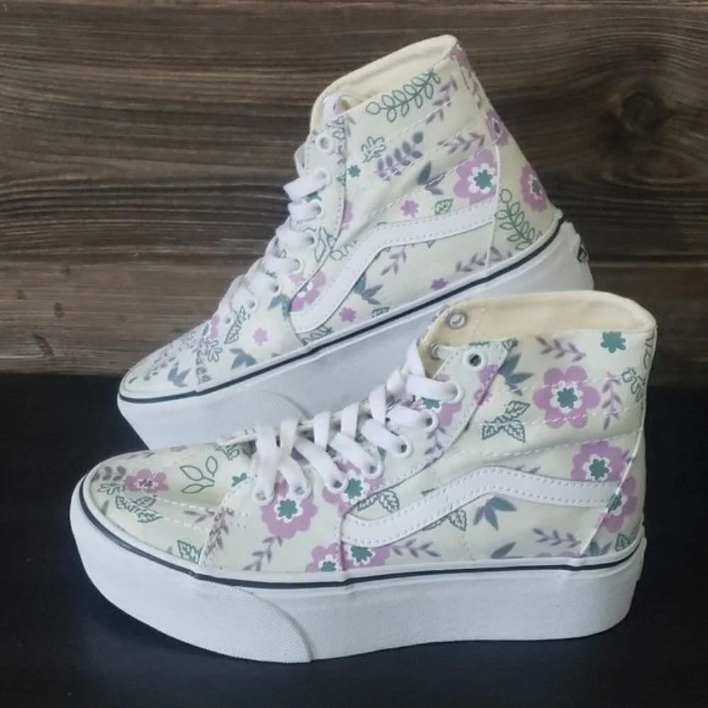 New Vans Sk8 Hi Tapered Stacked‎ Pastel Floral White Purple High Top Platforms